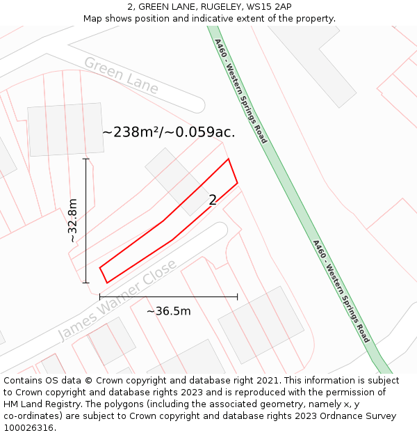 2, GREEN LANE, RUGELEY, WS15 2AP: Plot and title map
