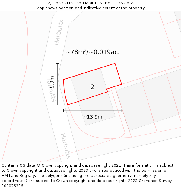 2, HARBUTTS, BATHAMPTON, BATH, BA2 6TA: Plot and title map