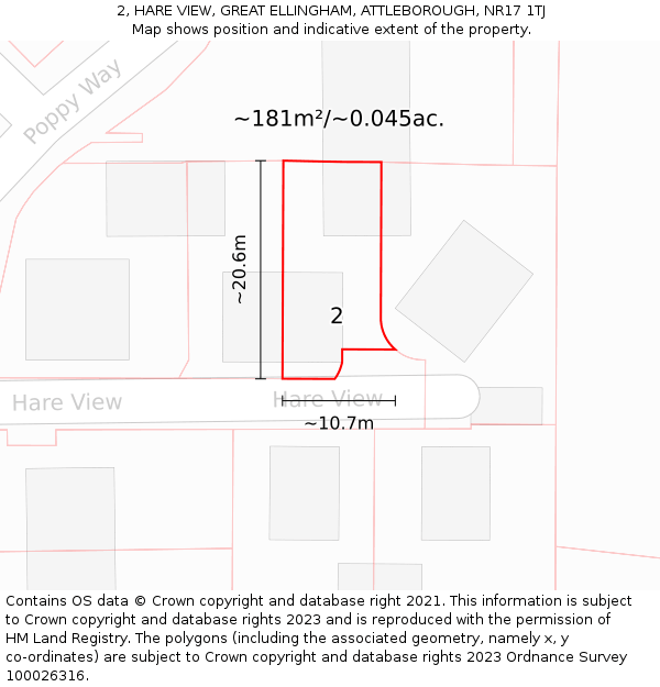 2, HARE VIEW, GREAT ELLINGHAM, ATTLEBOROUGH, NR17 1TJ: Plot and title map