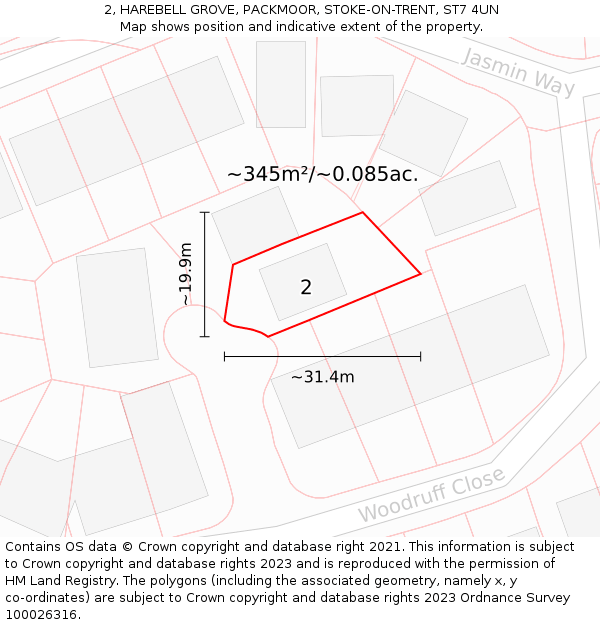 2, HAREBELL GROVE, PACKMOOR, STOKE-ON-TRENT, ST7 4UN: Plot and title map