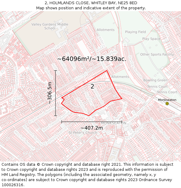 2, HOLMLANDS CLOSE, WHITLEY BAY, NE25 8ED: Plot and title map
