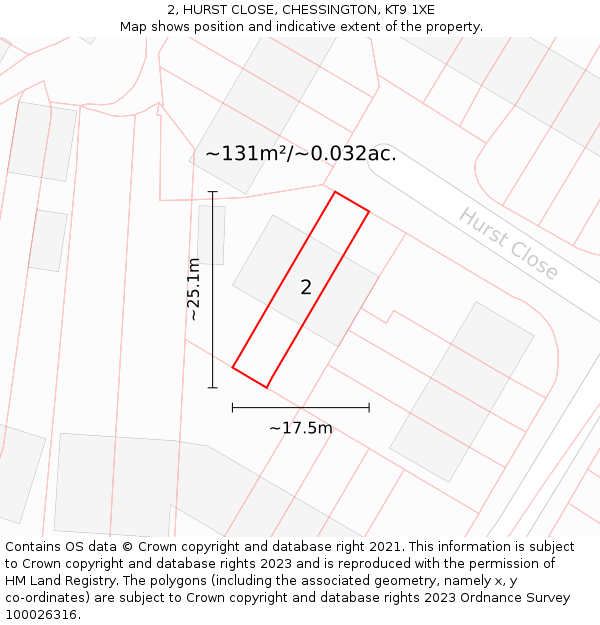 2, HURST CLOSE, CHESSINGTON, KT9 1XE: Plot and title map