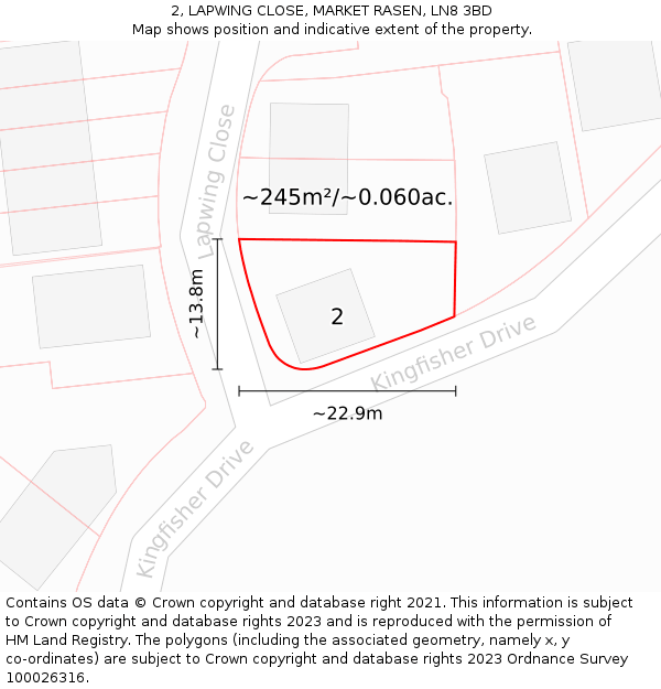 2, LAPWING CLOSE, MARKET RASEN, LN8 3BD: Plot and title map