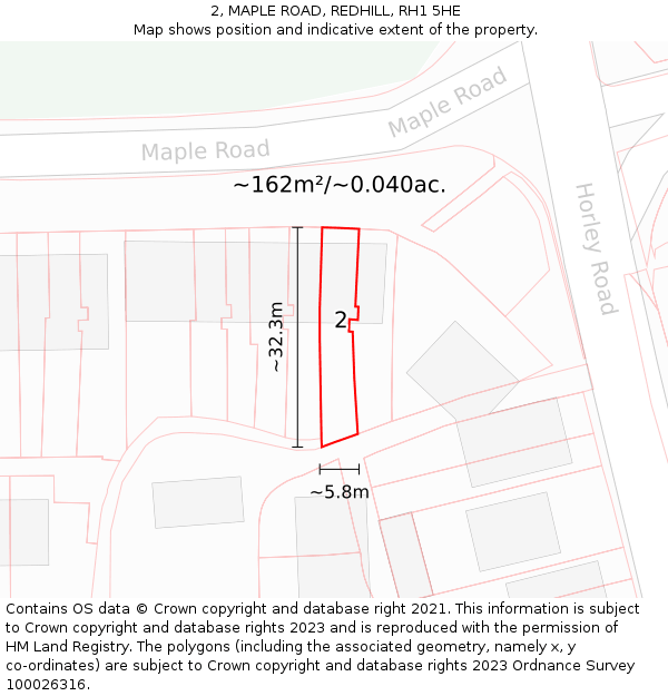 2, MAPLE ROAD, REDHILL, RH1 5HE: Plot and title map