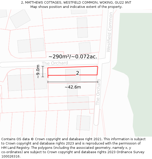 2, MATTHEWS COTTAGES, WESTFIELD COMMON, WOKING, GU22 9NT: Plot and title map