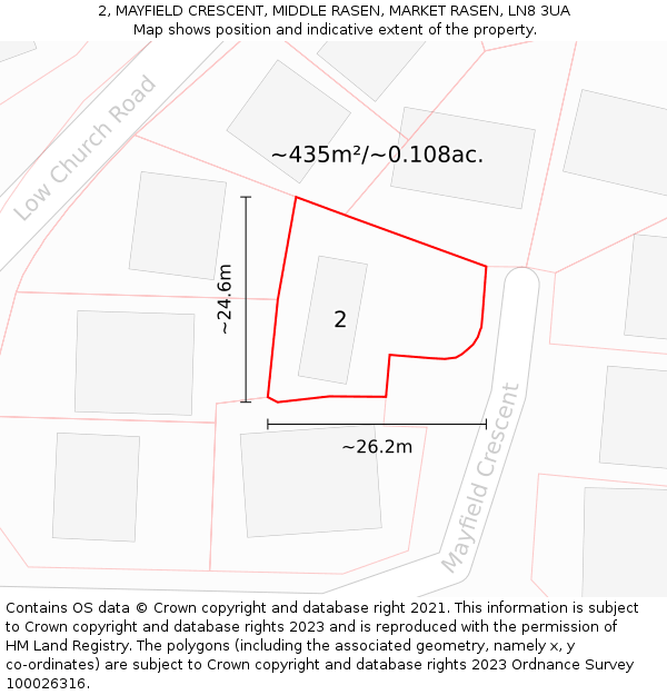 2, MAYFIELD CRESCENT, MIDDLE RASEN, MARKET RASEN, LN8 3UA: Plot and title map