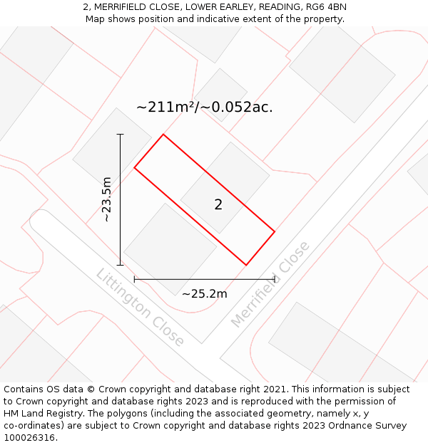 2, MERRIFIELD CLOSE, LOWER EARLEY, READING, RG6 4BN: Plot and title map