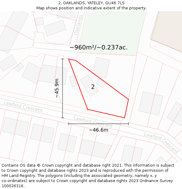 2, OAKLANDS, YATELEY, GU46 7LS: Plot and title map