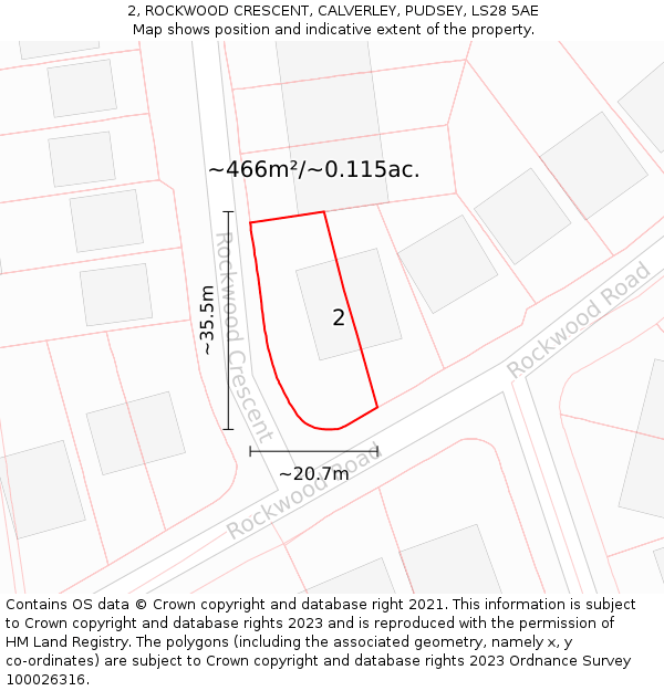 2, ROCKWOOD CRESCENT, CALVERLEY, PUDSEY, LS28 5AE: Plot and title map