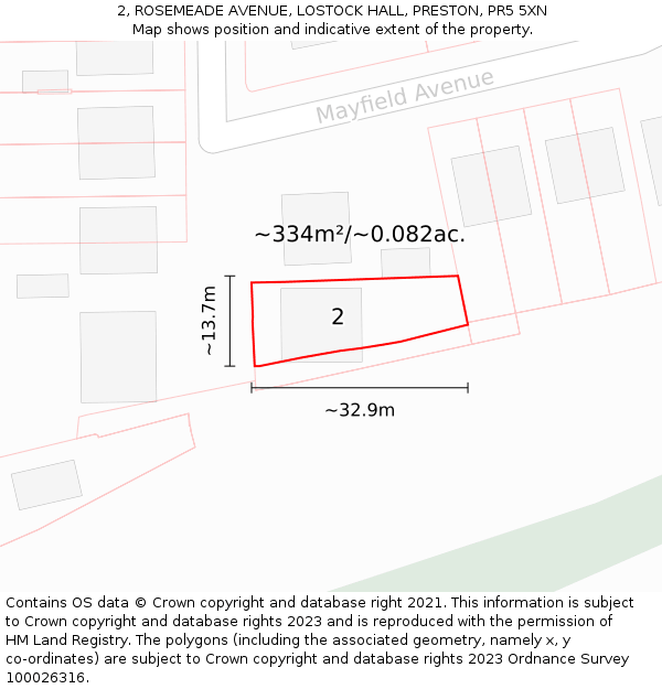 2, ROSEMEADE AVENUE, LOSTOCK HALL, PRESTON, PR5 5XN: Plot and title map