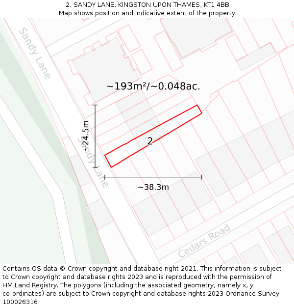 2, SANDY LANE, KINGSTON UPON THAMES, KT1 4BB: Plot and title map
