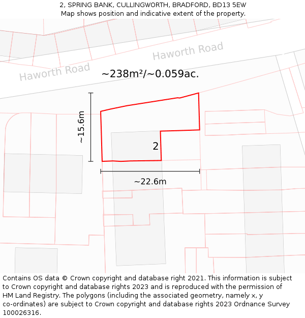 2, SPRING BANK, CULLINGWORTH, BRADFORD, BD13 5EW: Plot and title map
