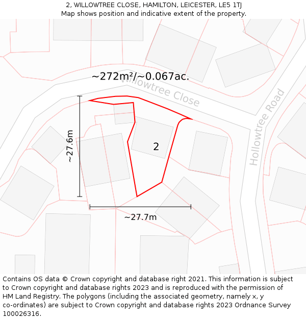 2, WILLOWTREE CLOSE, HAMILTON, LEICESTER, LE5 1TJ: Plot and title map