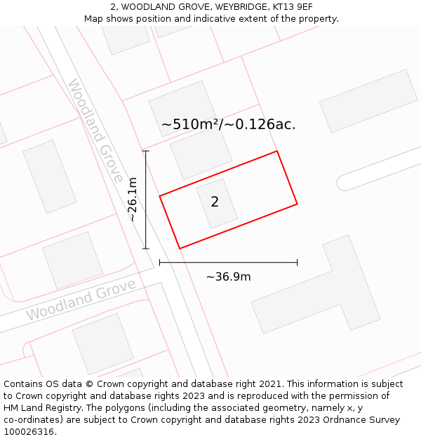 2, WOODLAND GROVE, WEYBRIDGE, KT13 9EF: Plot and title map