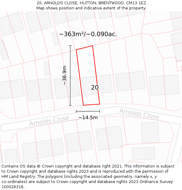 20, ARNOLDS CLOSE, HUTTON, BRENTWOOD, CM13 1EZ: Plot and title map