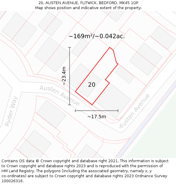 20, AUSTEN AVENUE, FLITWICK, BEDFORD, MK45 1GP: Plot and title map