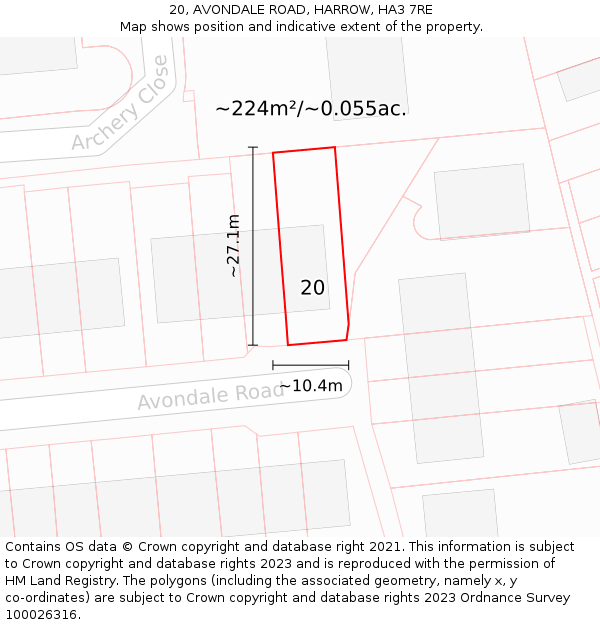 20, AVONDALE ROAD, HARROW, HA3 7RE: Plot and title map