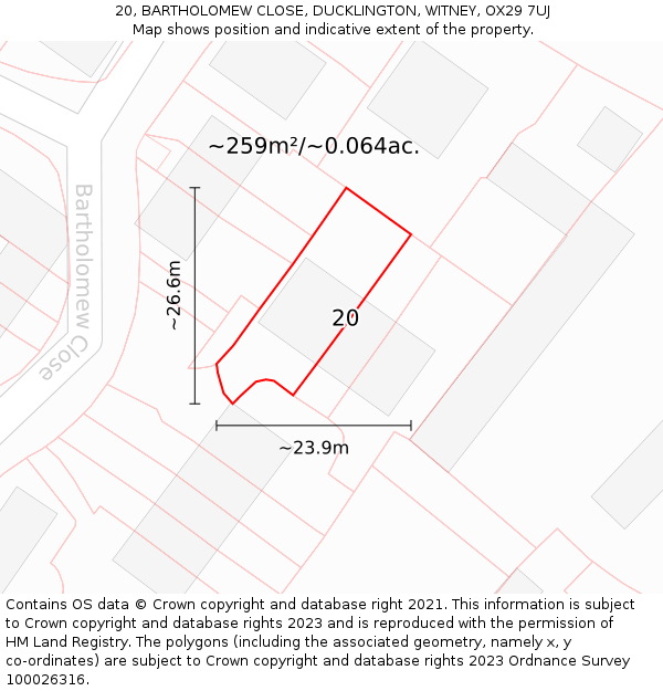 20, BARTHOLOMEW CLOSE, DUCKLINGTON, WITNEY, OX29 7UJ: Plot and title map