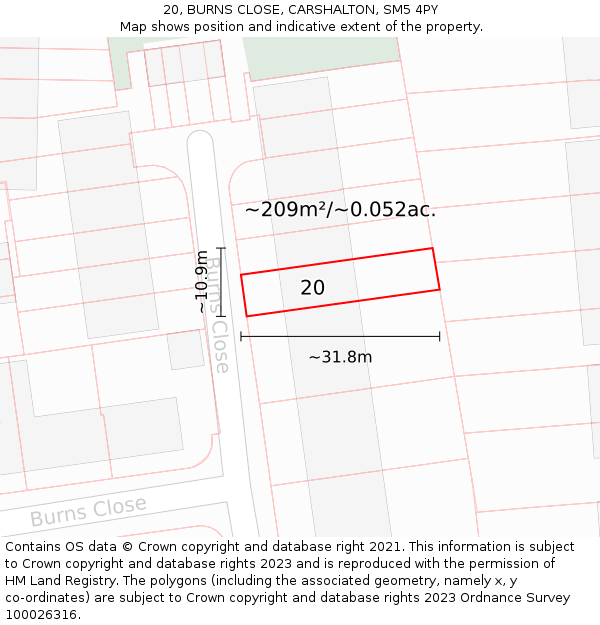 20, BURNS CLOSE, CARSHALTON, SM5 4PY: Plot and title map