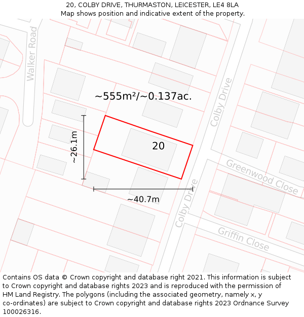 20, COLBY DRIVE, THURMASTON, LEICESTER, LE4 8LA: Plot and title map