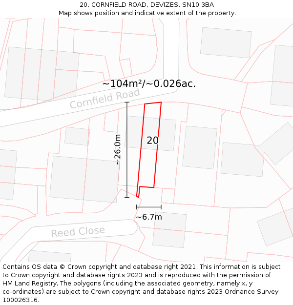 20, CORNFIELD ROAD, DEVIZES, SN10 3BA: Plot and title map