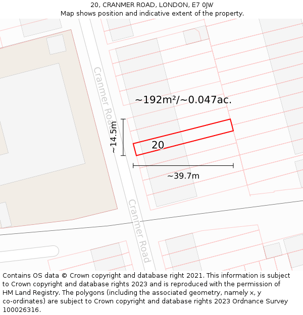 20, CRANMER ROAD, LONDON, E7 0JW: Plot and title map
