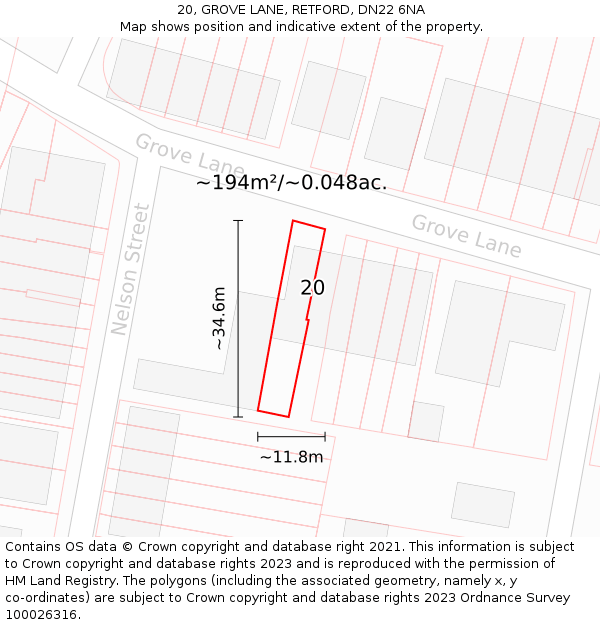 20, GROVE LANE, RETFORD, DN22 6NA: Plot and title map