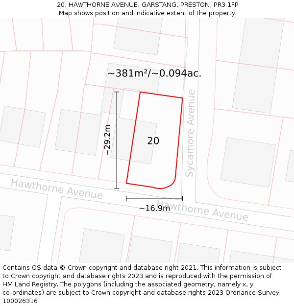 20, HAWTHORNE AVENUE, GARSTANG, PRESTON, PR3 1FP: Plot and title map