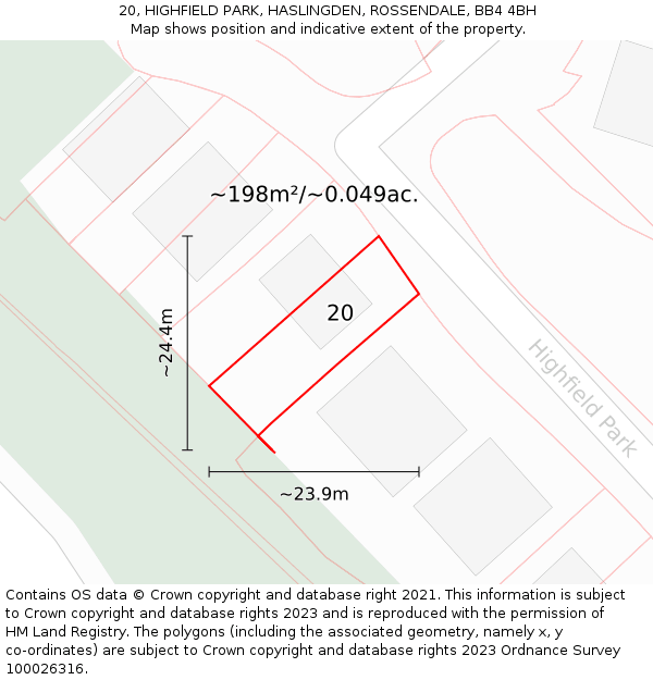 20, HIGHFIELD PARK, HASLINGDEN, ROSSENDALE, BB4 4BH: Plot and title map