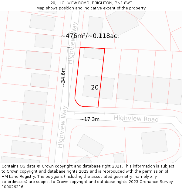 20, HIGHVIEW ROAD, BRIGHTON, BN1 8WT: Plot and title map