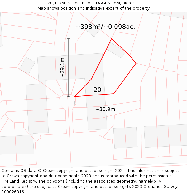 20, HOMESTEAD ROAD, DAGENHAM, RM8 3DT: Plot and title map