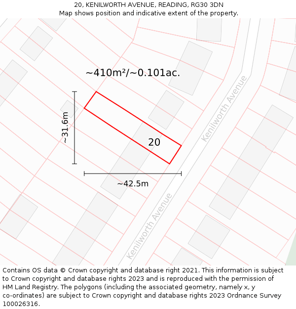 20, KENILWORTH AVENUE, READING, RG30 3DN: Plot and title map