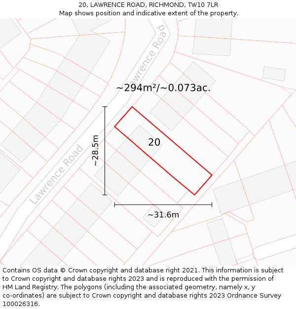 20, LAWRENCE ROAD, RICHMOND, TW10 7LR: Plot and title map