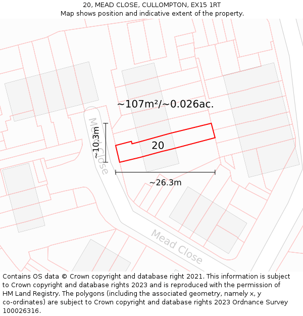 20, MEAD CLOSE, CULLOMPTON, EX15 1RT: Plot and title map
