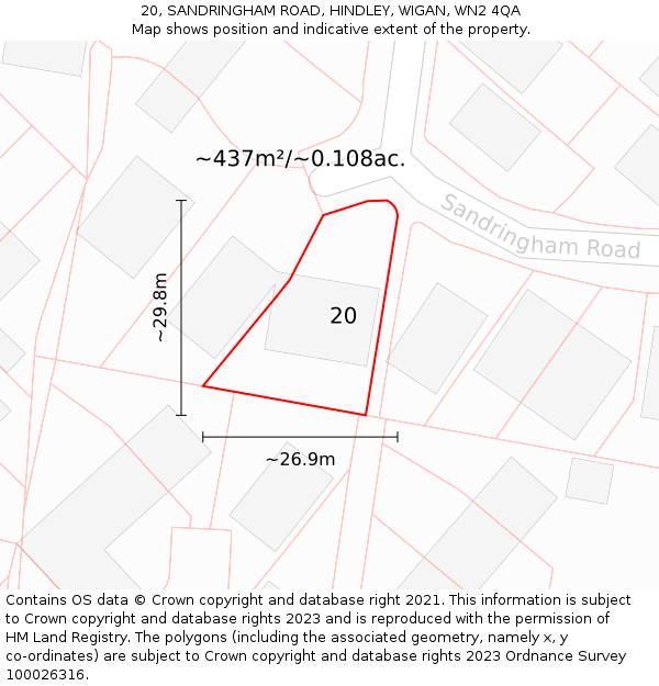 20, SANDRINGHAM ROAD, HINDLEY, WIGAN, WN2 4QA: Plot and title map
