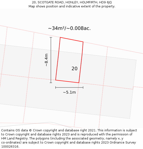 20, SCOTGATE ROAD, HONLEY, HOLMFIRTH, HD9 6JQ: Plot and title map