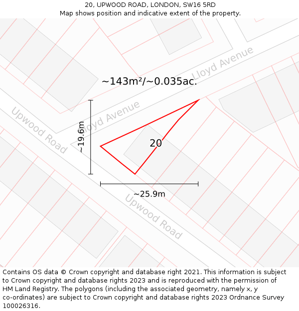 20, UPWOOD ROAD, LONDON, SW16 5RD: Plot and title map