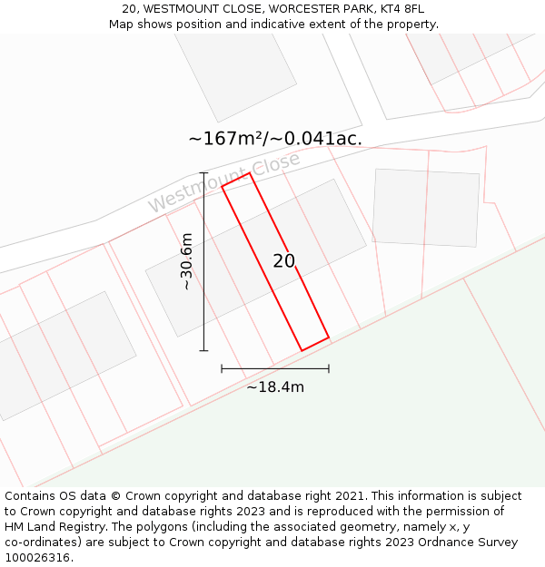 20, WESTMOUNT CLOSE, WORCESTER PARK, KT4 8FL: Plot and title map