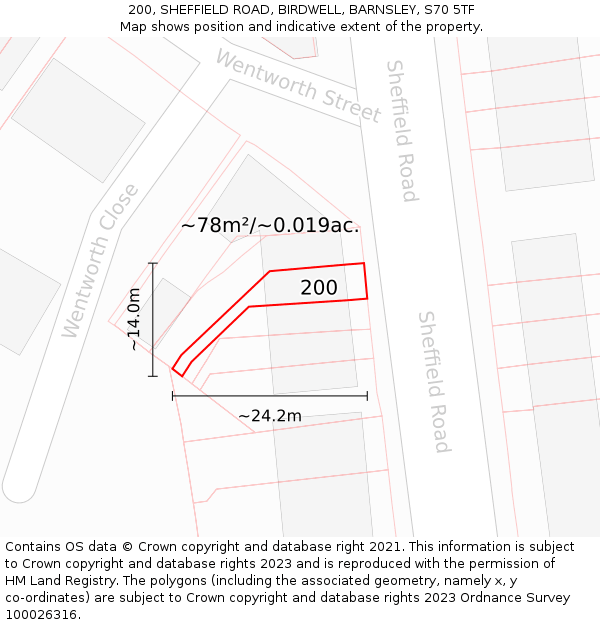 200, SHEFFIELD ROAD, BIRDWELL, BARNSLEY, S70 5TF: Plot and title map