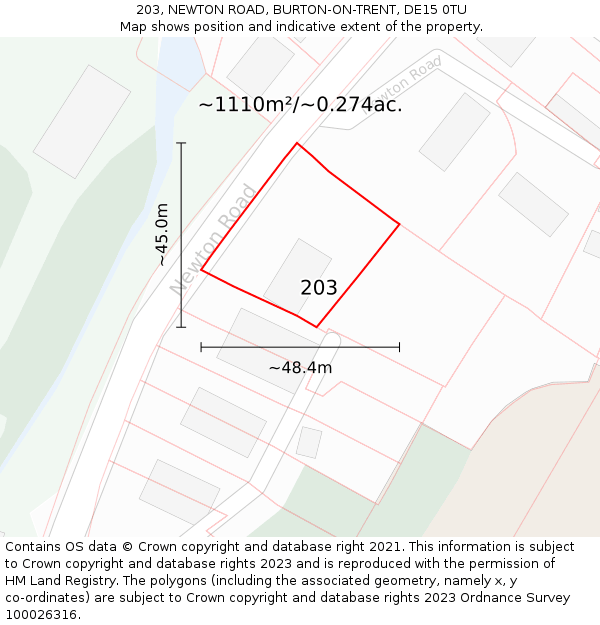 203, NEWTON ROAD, BURTON-ON-TRENT, DE15 0TU: Plot and title map