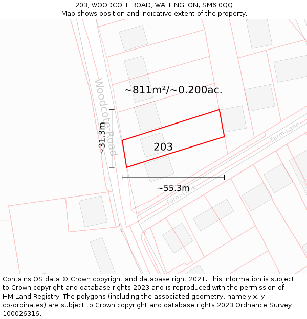 203, WOODCOTE ROAD, WALLINGTON, SM6 0QQ: Plot and title map