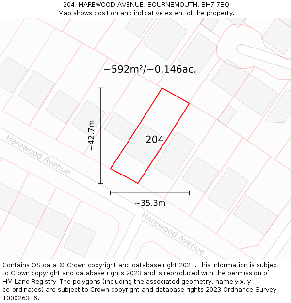 204, HAREWOOD AVENUE, BOURNEMOUTH, BH7 7BQ: Plot and title map
