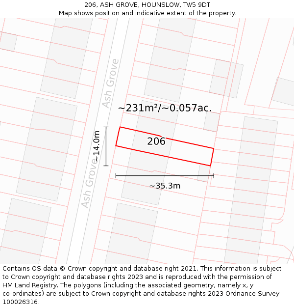 206, ASH GROVE, HOUNSLOW, TW5 9DT: Plot and title map