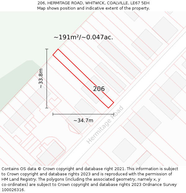 206, HERMITAGE ROAD, WHITWICK, COALVILLE, LE67 5EH: Plot and title map