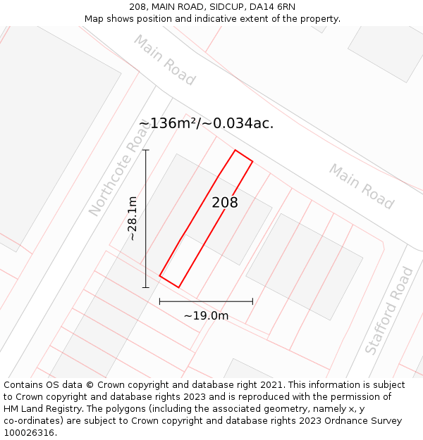 208, MAIN ROAD, SIDCUP, DA14 6RN: Plot and title map