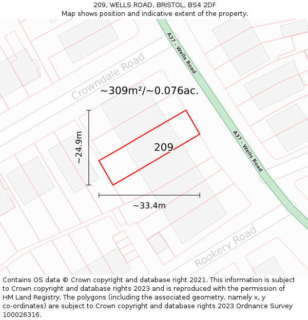 209, WELLS ROAD, BRISTOL, BS4 2DF: Plot and title map