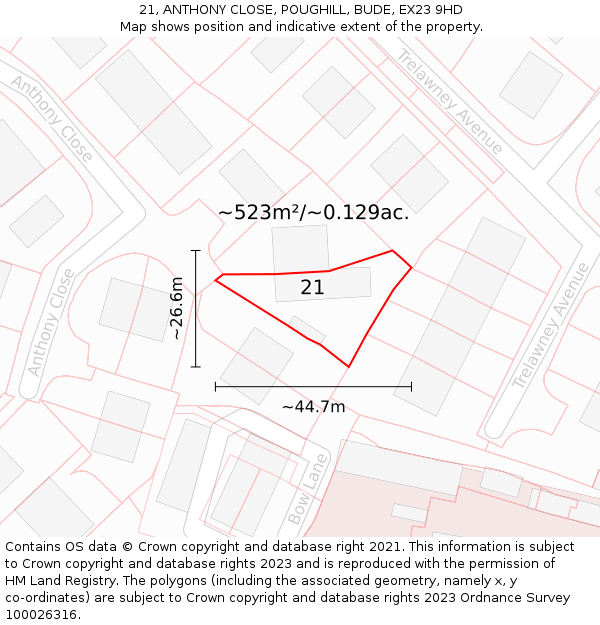 21, ANTHONY CLOSE, POUGHILL, BUDE, EX23 9HD: Plot and title map