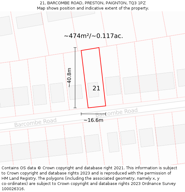 21, BARCOMBE ROAD, PRESTON, PAIGNTON, TQ3 1PZ: Plot and title map