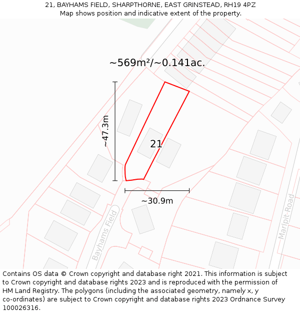 21, BAYHAMS FIELD, SHARPTHORNE, EAST GRINSTEAD, RH19 4PZ: Plot and title map