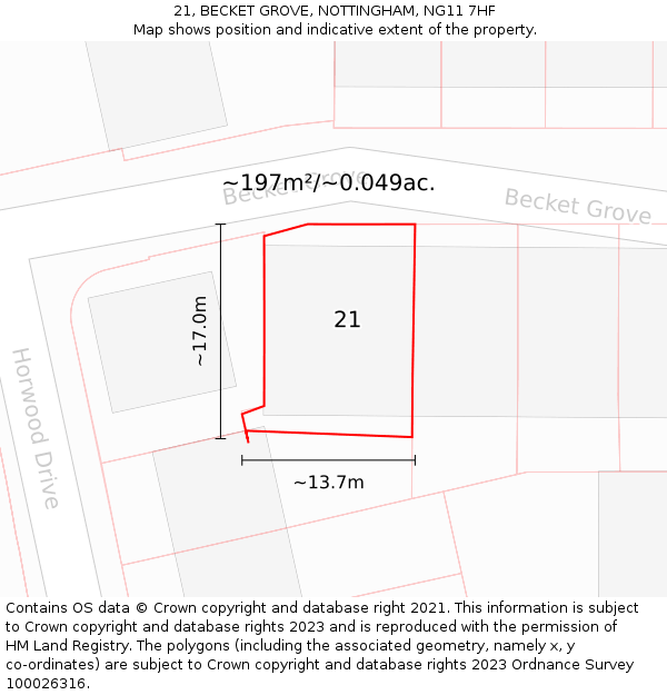 21, BECKET GROVE, NOTTINGHAM, NG11 7HF: Plot and title map